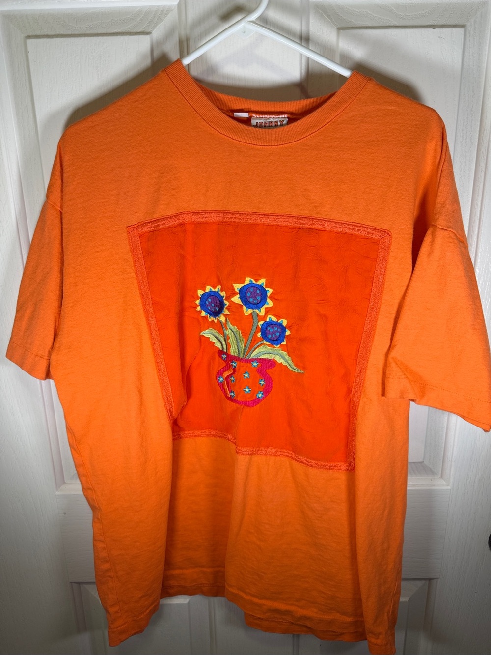 Johnny Was Orange Short-Sleeve Tee with Embroidered Floral Patch Vintage 1990s